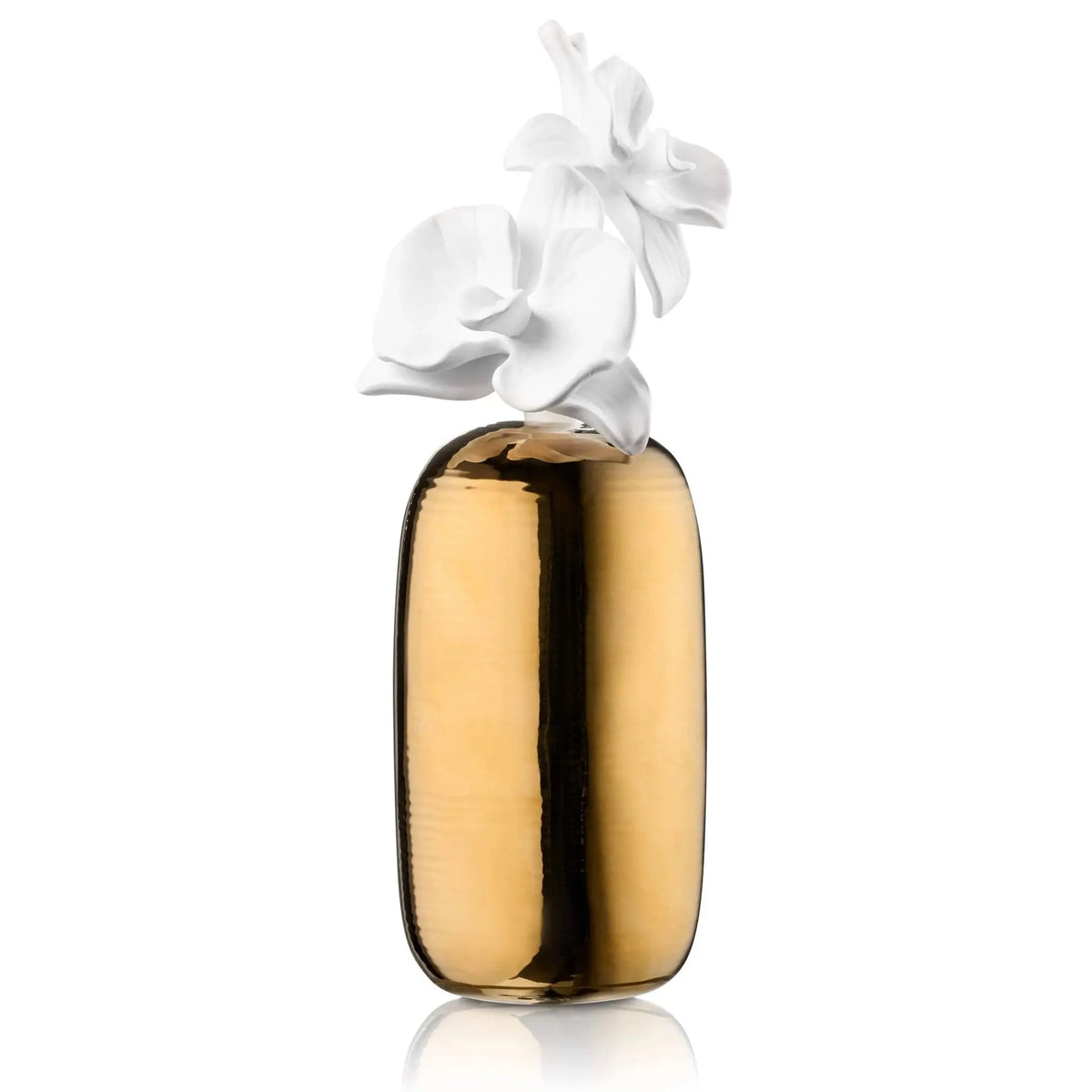 Fluted Floral Scent Diffuser with gold metallic bottle and white flower stem by Waterdale Collection