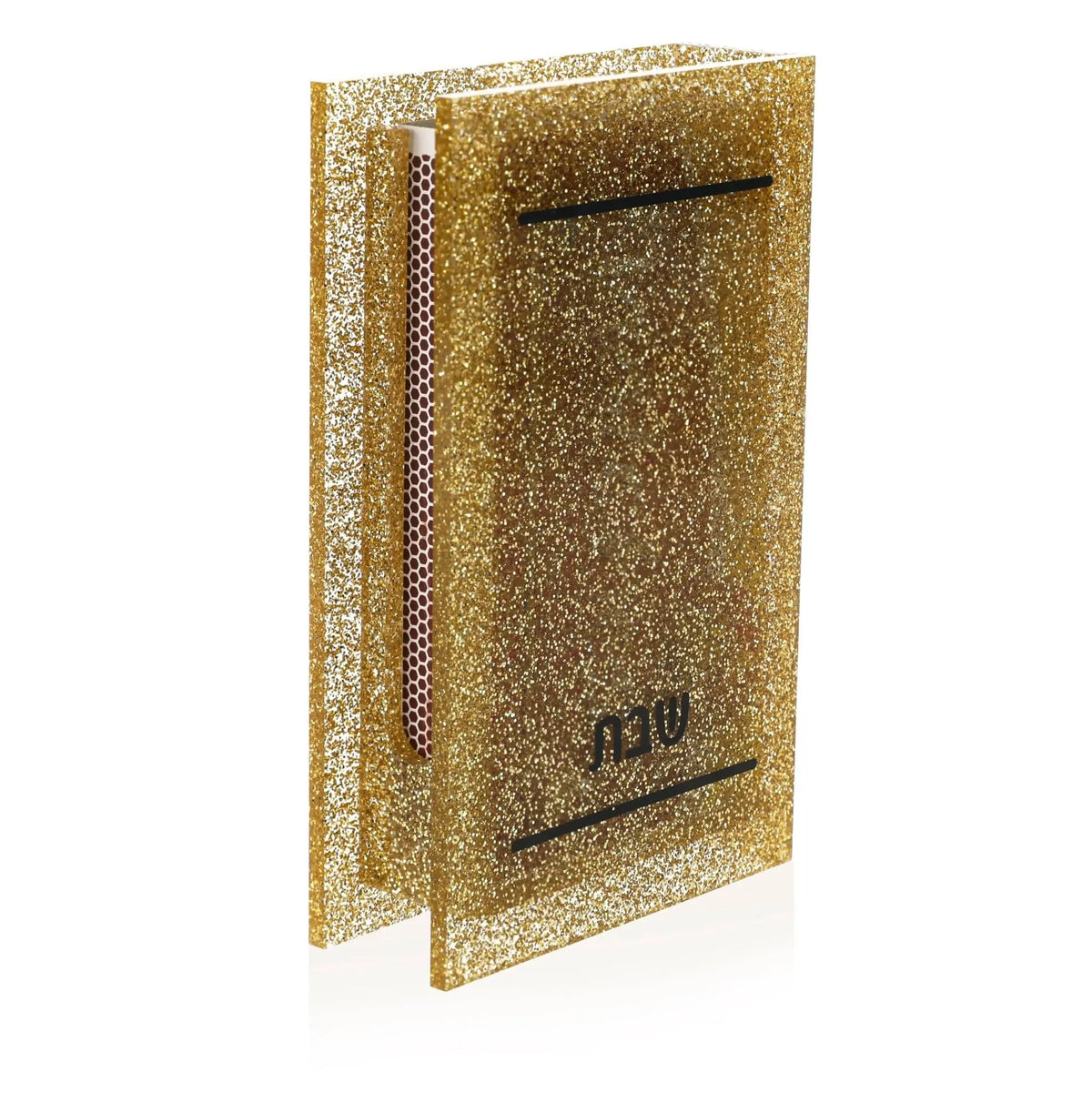 Gold glitter matchbox holder with marble accents, rectangular design for storing matches and lighting candles.