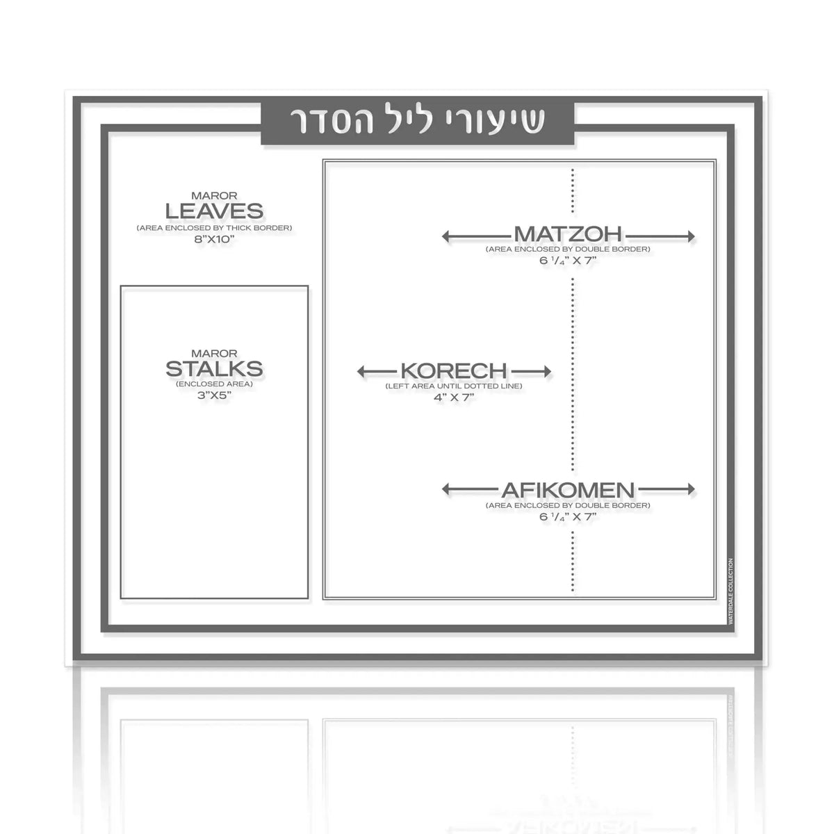 Traditional Shiurim Card in lucite with gold and silver accents, displaying Hebrew text layout for Pesach table settings.