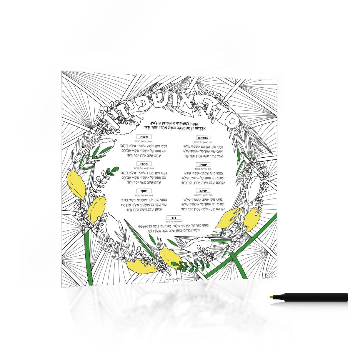 Color it Acrylic Ushpizin card with a floral border and blank center to color in, sukkah decoration for Sukkos