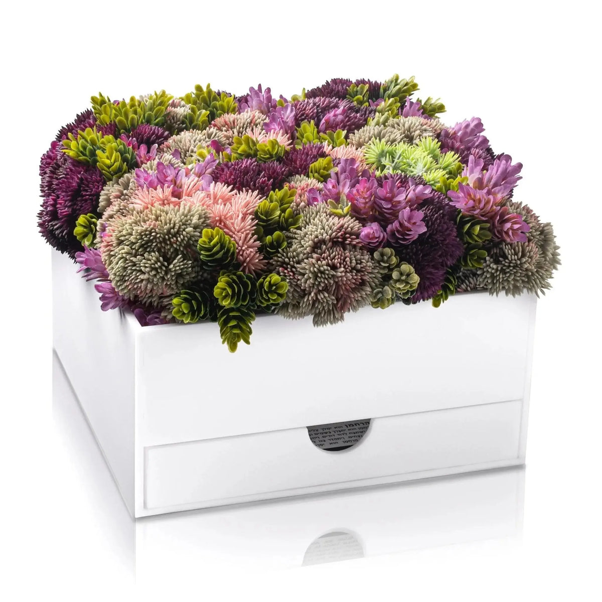 White rectangular bencher planter filled with vibrant faux purple and pink flowers, ideal for Shavous and holiday table decor.