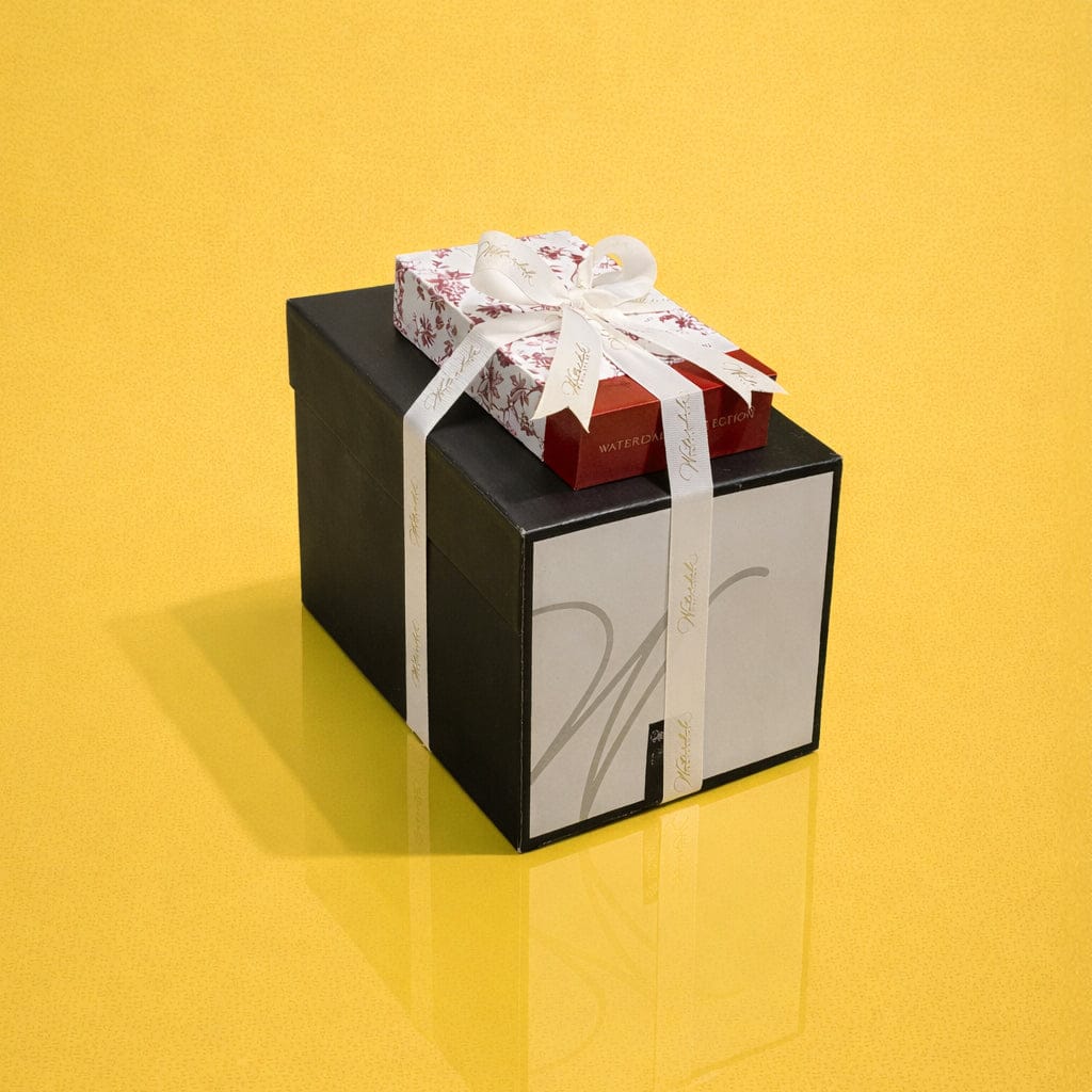 Gift-boxed glass wine decanter by Waterdale, featuring an elegant presentation-ready design and durable packaging for secure shipping of luxury Purim and wedding presents.