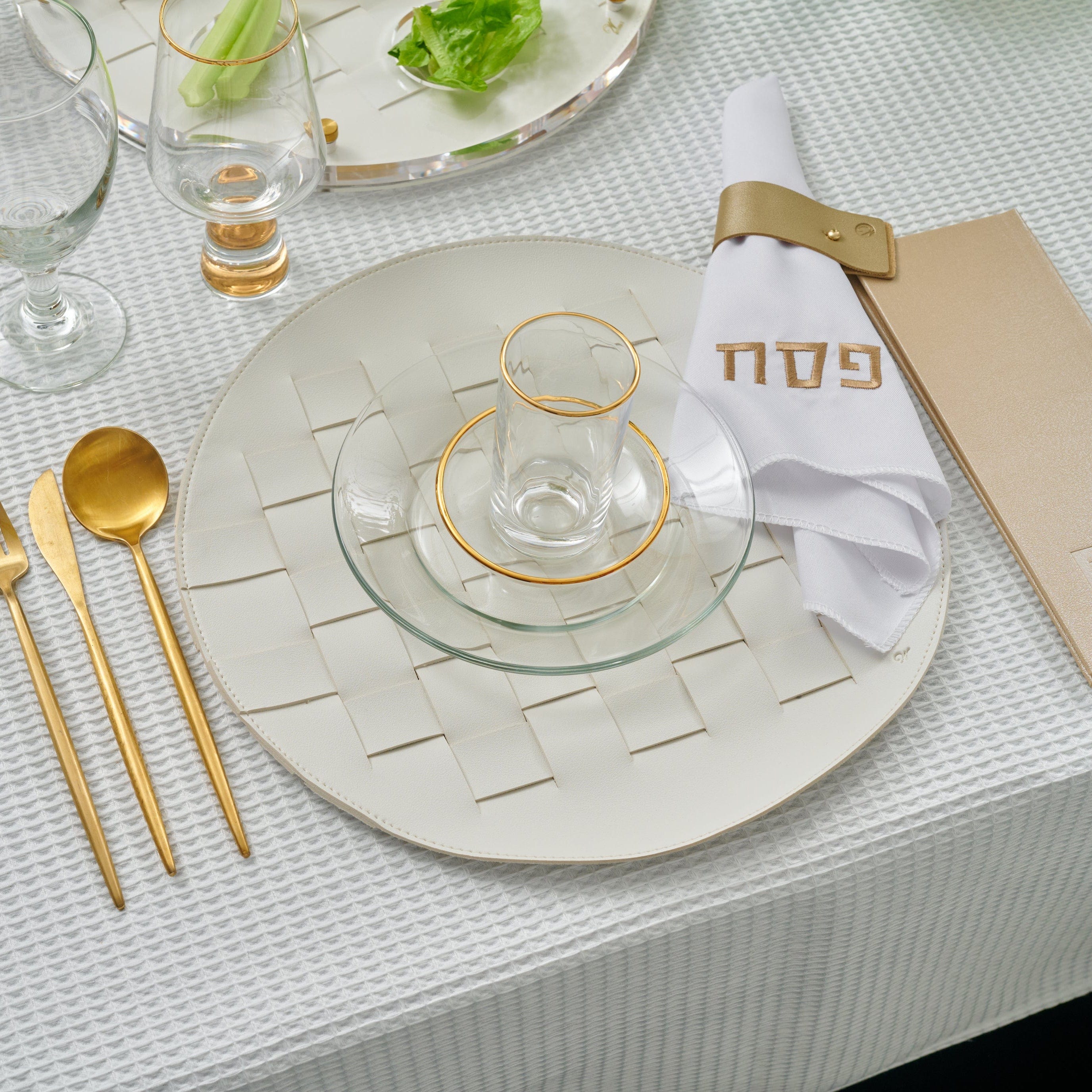 Woven Leather Round Chargers on a modern table setting.