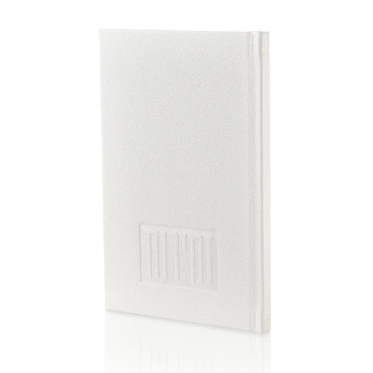 White Shabbos and Yom Tov bencher set of six prayer books with embossed cover design and gilt edges for holiday table use.