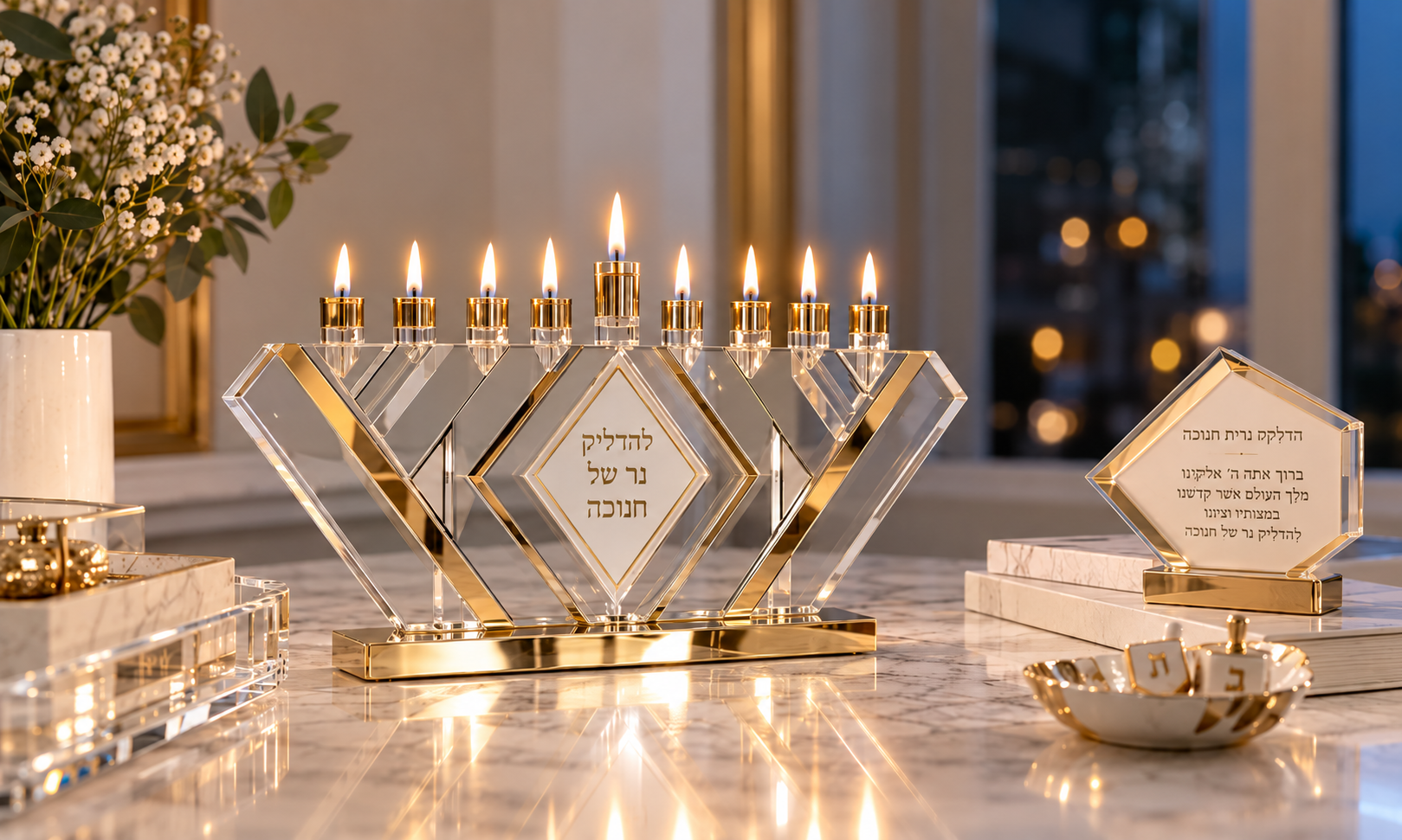 Modern Lucite Hanukkah menorahs and coordinating menorah display pieces from Waterdale Collection