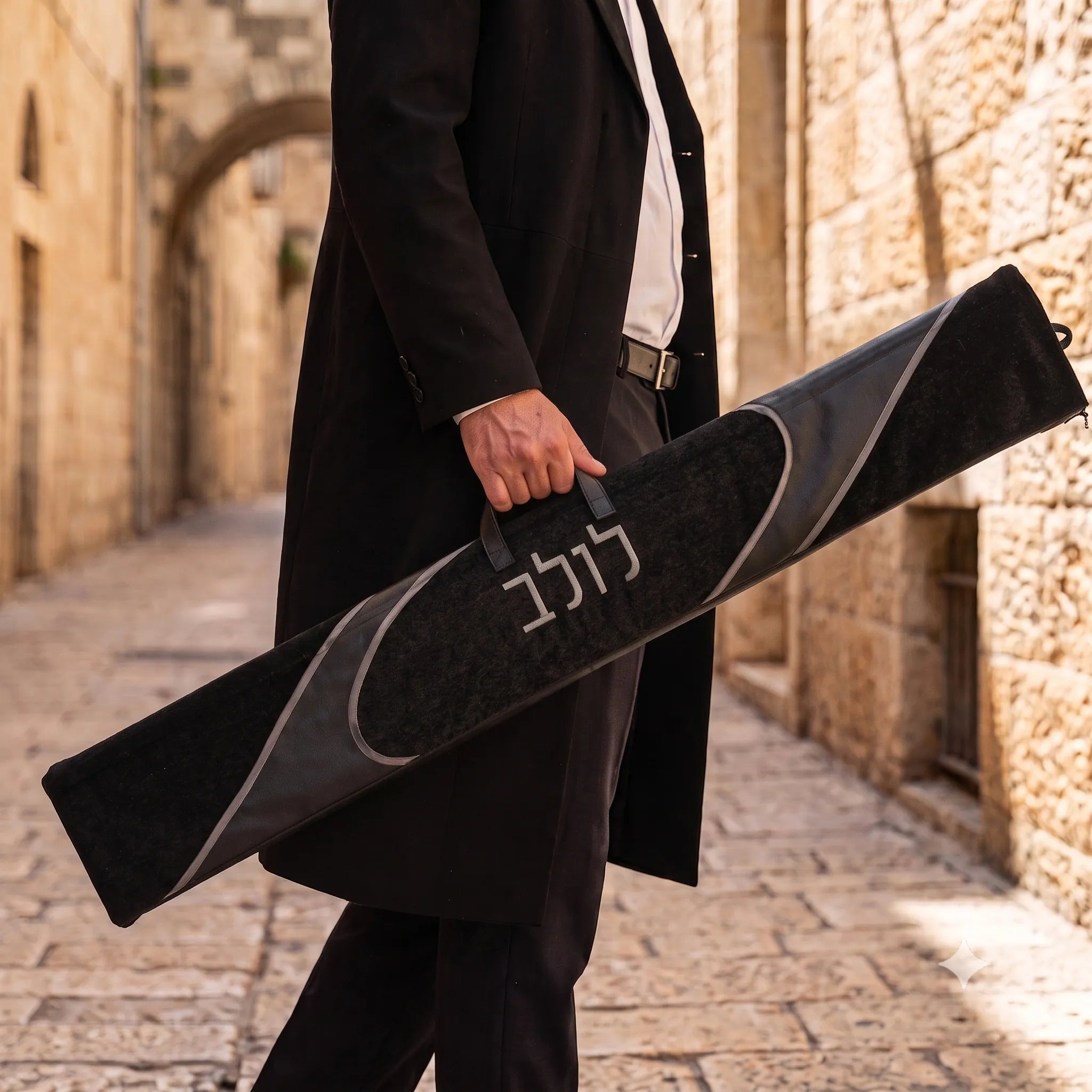 Man carrying leather lulav case in Jerusalem on Sukkot