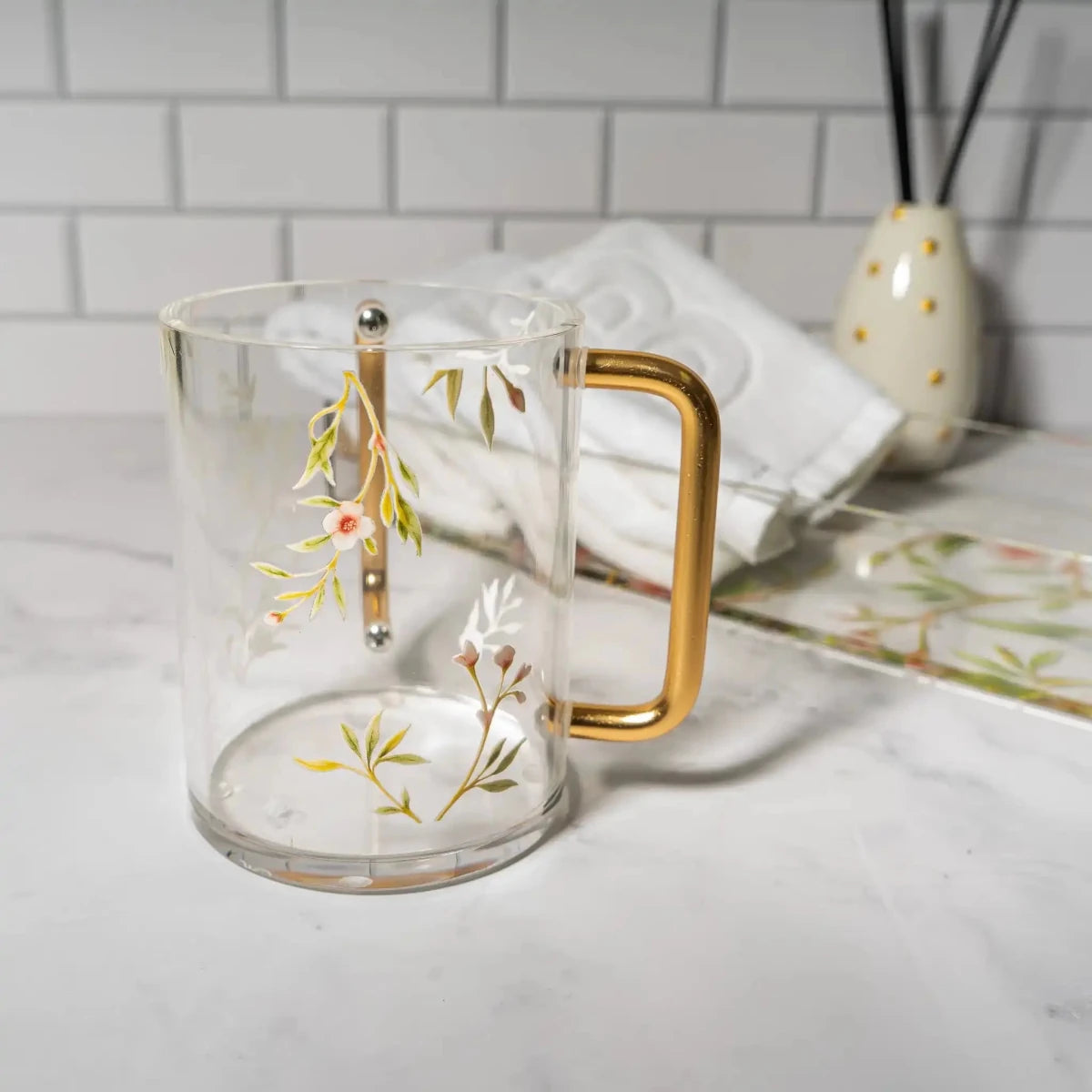 Floral Bird Washing Cup in cream with gold accents, ceramic design with matching dish, perfect for Shabbat and holiday gifting.