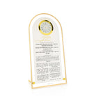 Chanukah brachos clock from Waterdale Collection, frosted Lucite in a gold arch frame with a working clock above the Chanukah brachos