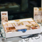 Jerusalem Old City painted lucite menorah tray with hidden drawer and gold Hadlakat Ner Chanukah plaque on a tray with chanukah menorah