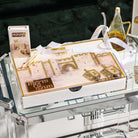 Jerusalem Old City painted lucite menorah tray with hidden drawer and gold Hadlakat Ner Chanukah plaque on a tray with chanukah items