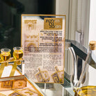 Lucite Chanukah brachos tabletop with painted gold Jerusalem archways and dreidels. Full brachos and Maoz Tzur for the Chanukah holiday.
