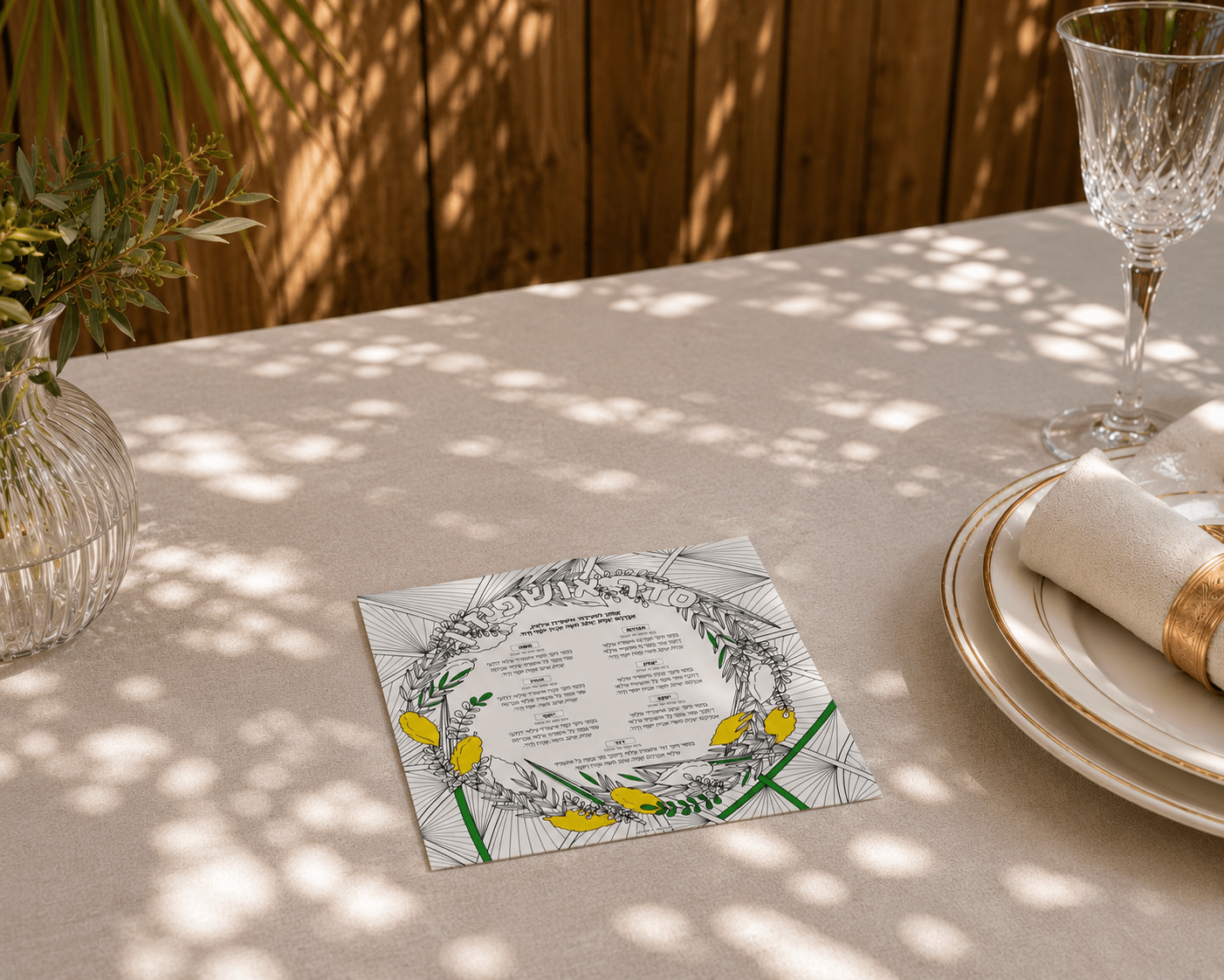 A 7x7-inch Hebrew Color It Acrylic Ushpizin card lies flat on a beautifully set sukkah table.