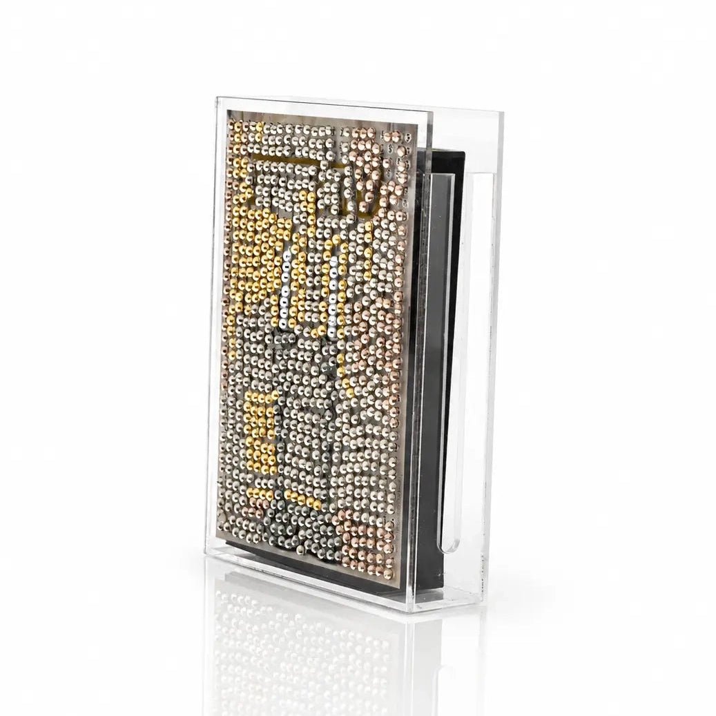 Diamond Art Shabbos matchbox with beige and gold decorative design, featuring mesh panel and wooden match compartment on side.