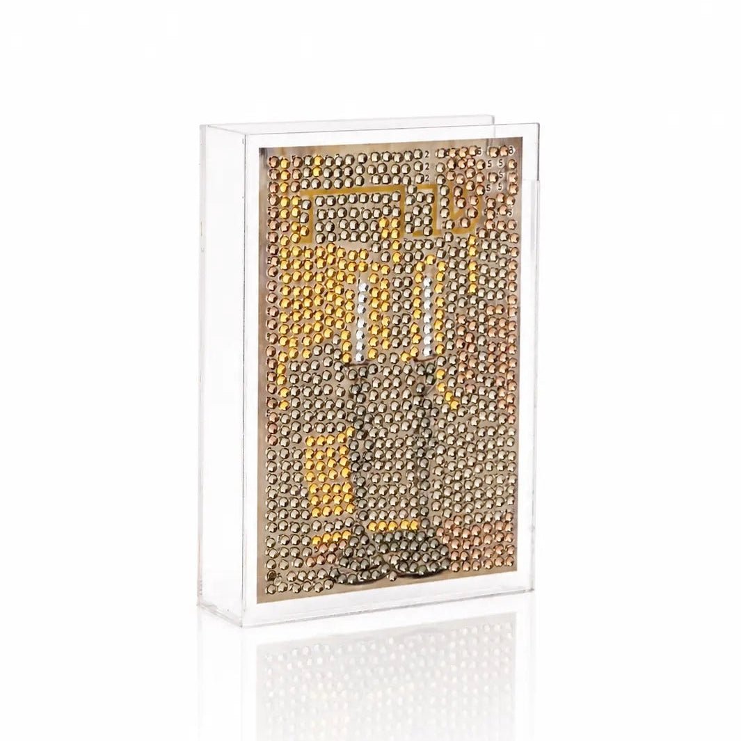 Diamond Art Shabbos matchbox with beige and gold decorative design, featuring mesh panel and wooden match compartment on side.