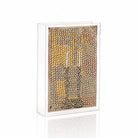 Diamond Art Shabbos matchbox with beige and gold decorative design, featuring mesh panel and wooden match compartment on side.