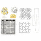 Flat lay of the mosaic bencher set kit - lattice panels, clear side pieces, gold and silver mosaic pieces, gold title plaque and 4 bencher cards