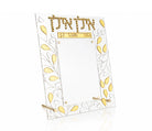Finished Ilan Ilan DIY mosaic picture frame by Waterdale Collection with rhinestone letters and mosaic leaves on clear Lucite