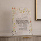 This magnificent Custom Floral Bird Hadlokas Neiros with Names is printed on thick crystal clear lucite | Luxury Shabbat Judaica.