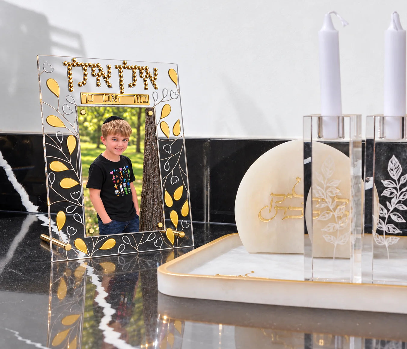The Color It Acrylic Mosaic Ilan Ilan Picture Frame from the Waterdale Collection is a DIY Judaica craft that becomes a freestanding Lucite photo frame.