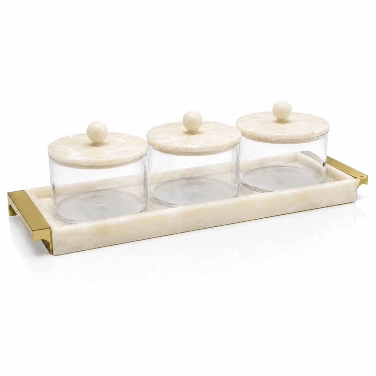Gold Resin Rectangle Dip Bowl Set with Tray & Spoons | 3 dip bowls with 3 gold spoons and a resin tray holder 