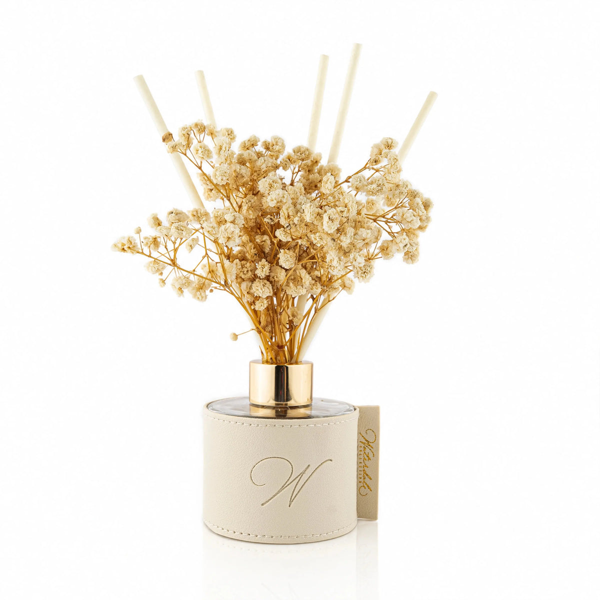 Taupe Leather Bloom Diffuser by Waterdale Collection, faux leather reed diffuser with natural reeds and dried flowers