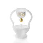 A cup suspended in a curved arch above a covered footed bowl, in marbled resin with raised gold Hebrew lettering. In marble.
