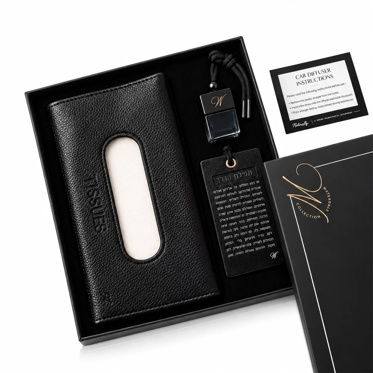 Open gift box with car diffuser, tissue case and traveler's prayer tag