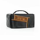 Black leather etrog bag from Waterdale Collection with tan fur panel and embossed Hebrew lettering.