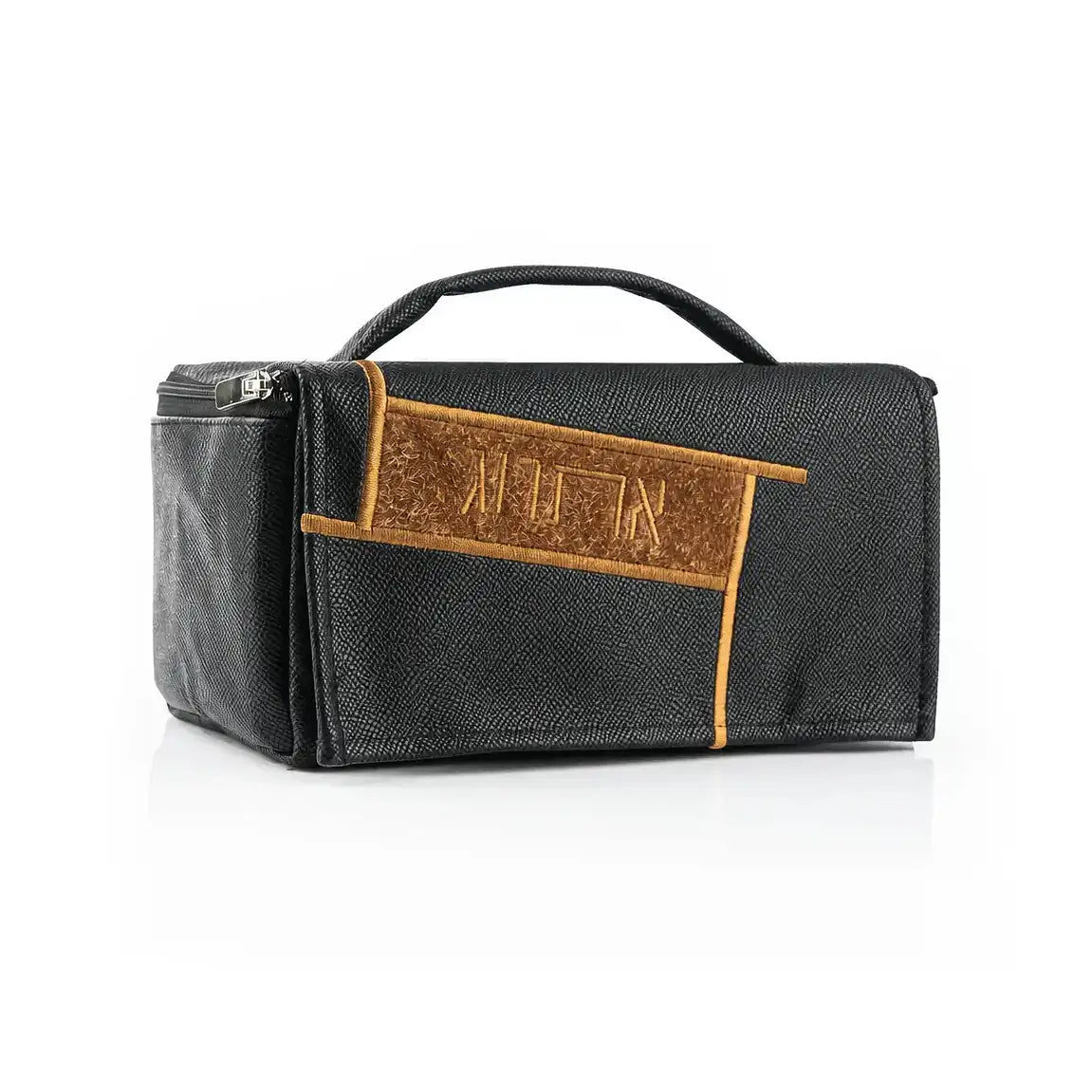 Black leather etrog bag from Waterdale Collection with tan fur panel and embossed Hebrew lettering.