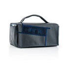 Navy Sukkot etrog case in textured vegan leather with navy fur panel, top handle and zipper.