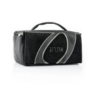 Black fur etrog bag from Waterdale Collection with a gray leather loop and embossed Hebrew lettering.