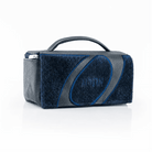 Navy Sukkot etrog case in fur and vegan leather with a looped design, top handle and zipper.