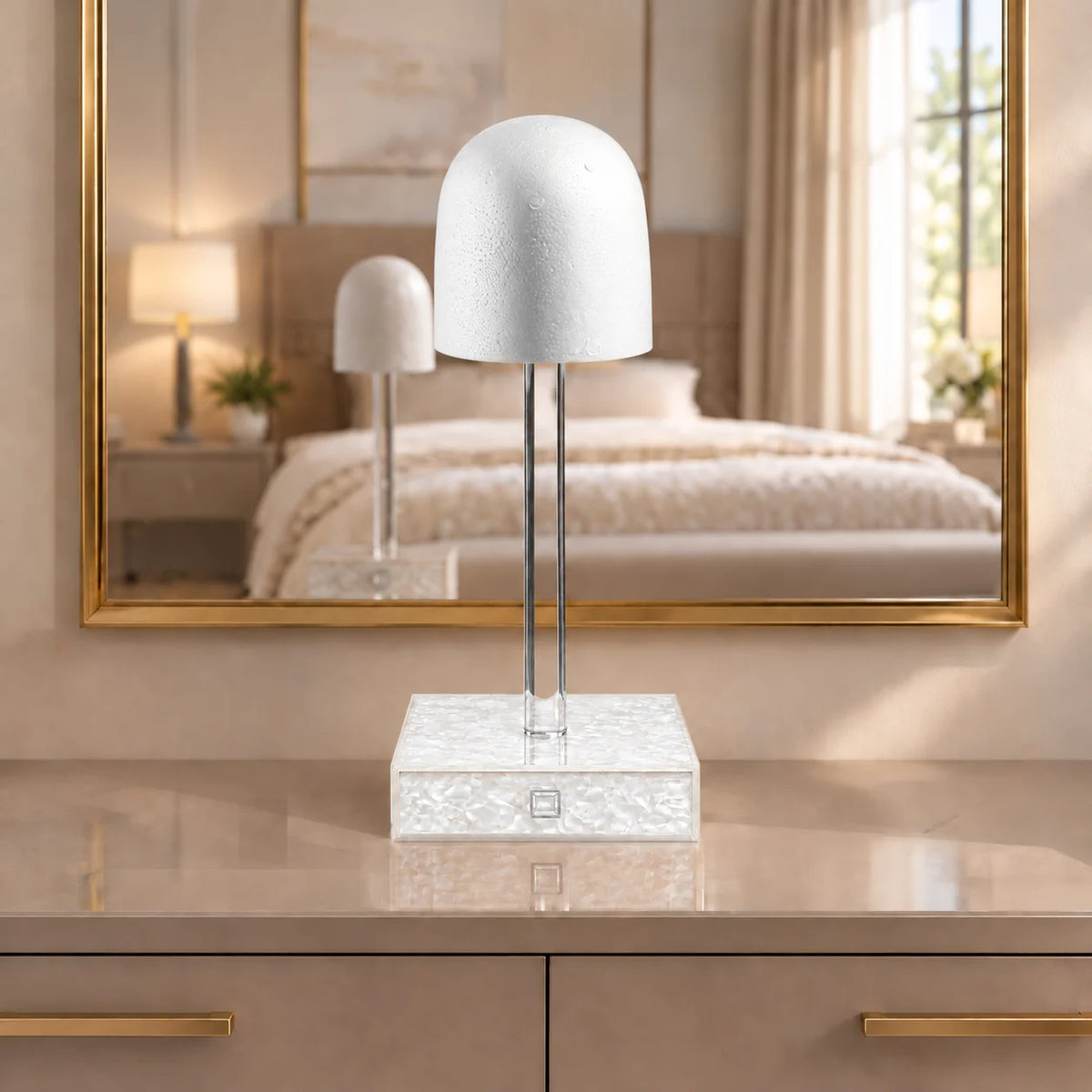 Wig head stand and sheitel display with a pearl marble base and pull-out drawer for pins and clips. Foam top on a clear Lucite dowel, 15" and 19" tall.
