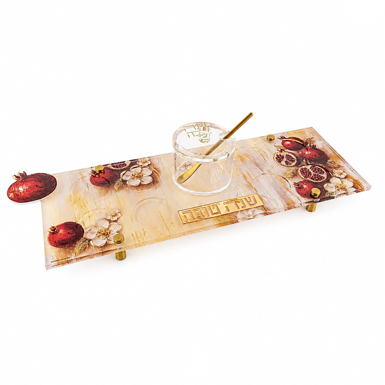 Painted pomegranates Simanim tray in Lucite with raised gold feet, from Waterdale Collection