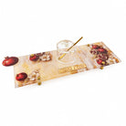 Painted pomegranates Simanim tray in Lucite with raised gold feet, from Waterdale Collection