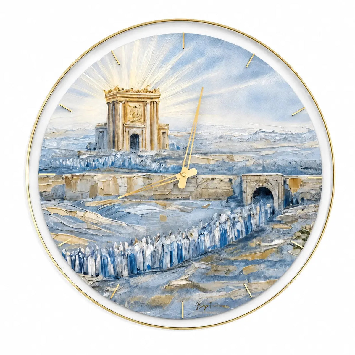 20" round Lucite wall clock by Waterdale Collection, the Bais Hamikdash (בית המקדש) painted in gold by Batya above Yerushalayim in soft blues, with gold hands.
