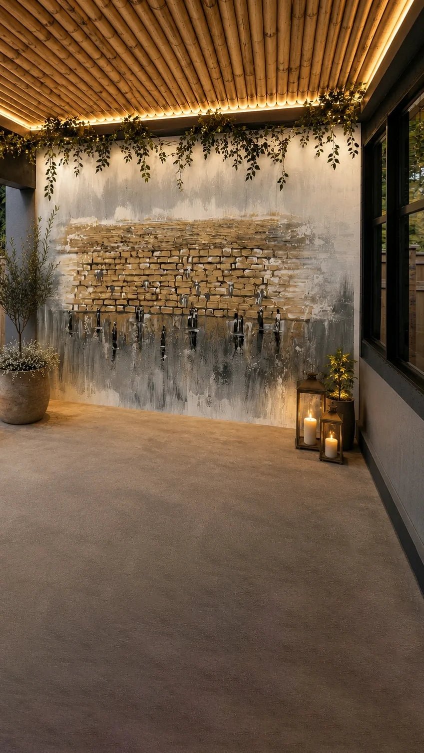 Kosel Reflected in Prayer vinyl sukkah mural on a full sukkah wall with candle lanterns and a potted olive tree