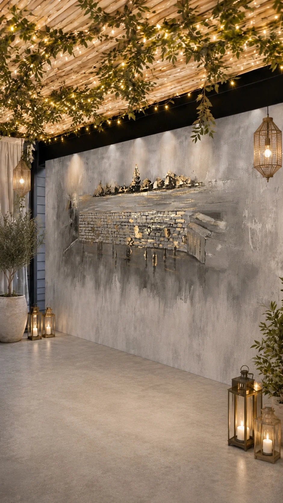 Kosel After Rain vinyl sukkah mural on a full sukkah wall lit by lanterns under a greenery-draped bamboo roof