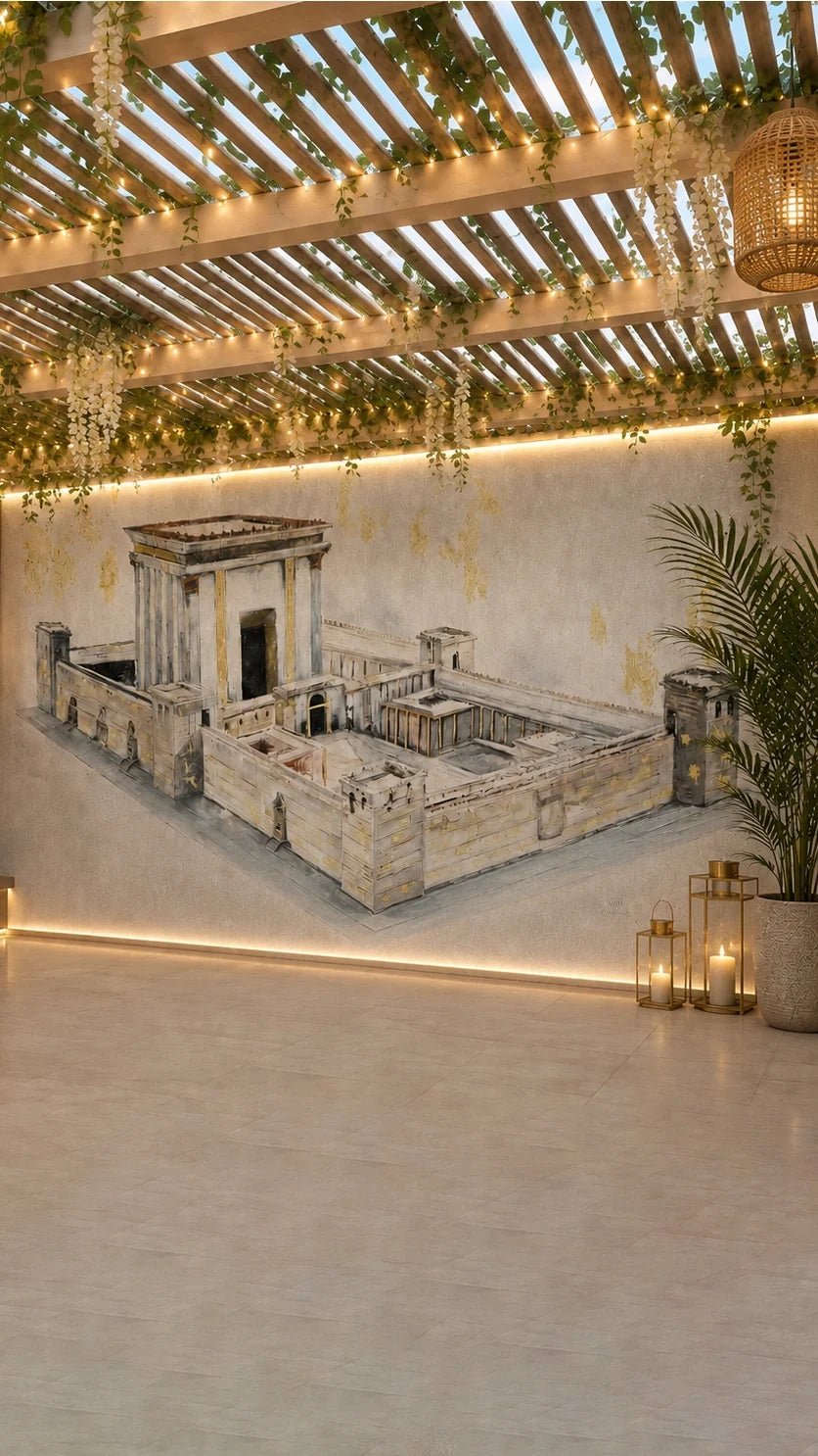 Bais Hamikdash by Judy vinyl sukkah mural on a full sukkah wall under a pergola draped with greenery and warm string lights