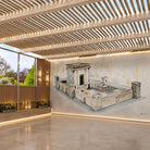 Bais Hamikdash by Judy vinyl sukkah mural covering a full sukkah wall in a modern pergola with wood slat ceiling and garden view