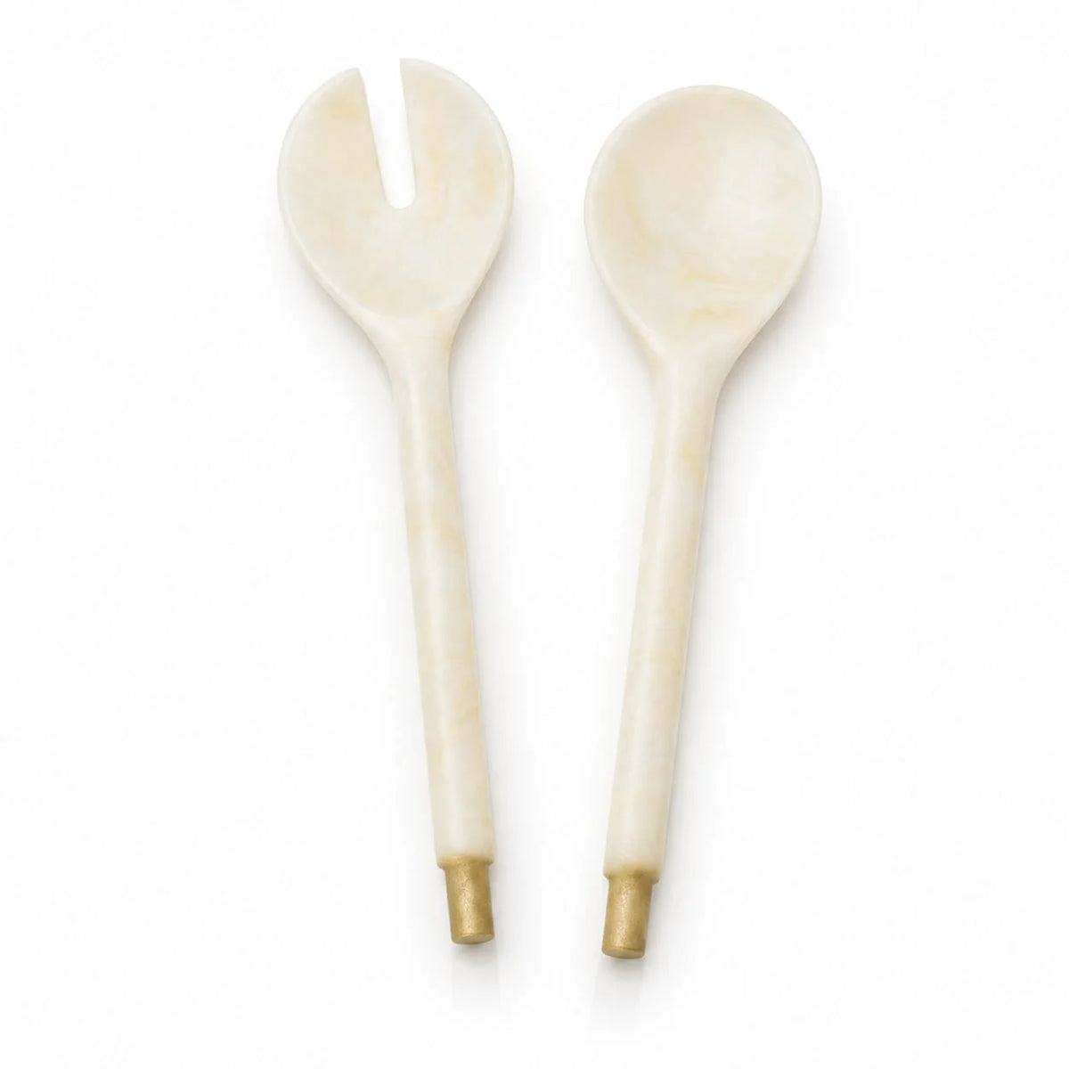 Accent Resin Salad Servers by Waterdale Collection in gold, cream marbled resin fork and spoon with gold metal tips