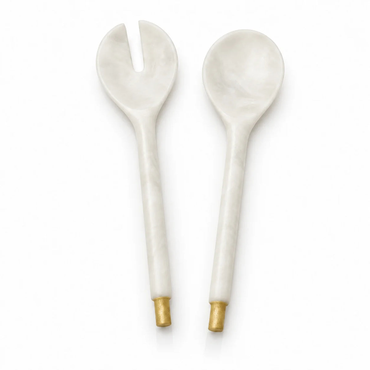 White marble-look resin serving fork and spoon with gold-tipped handles, salad serveware