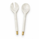 White marble-look resin serving fork and spoon with gold-tipped handles, salad serveware