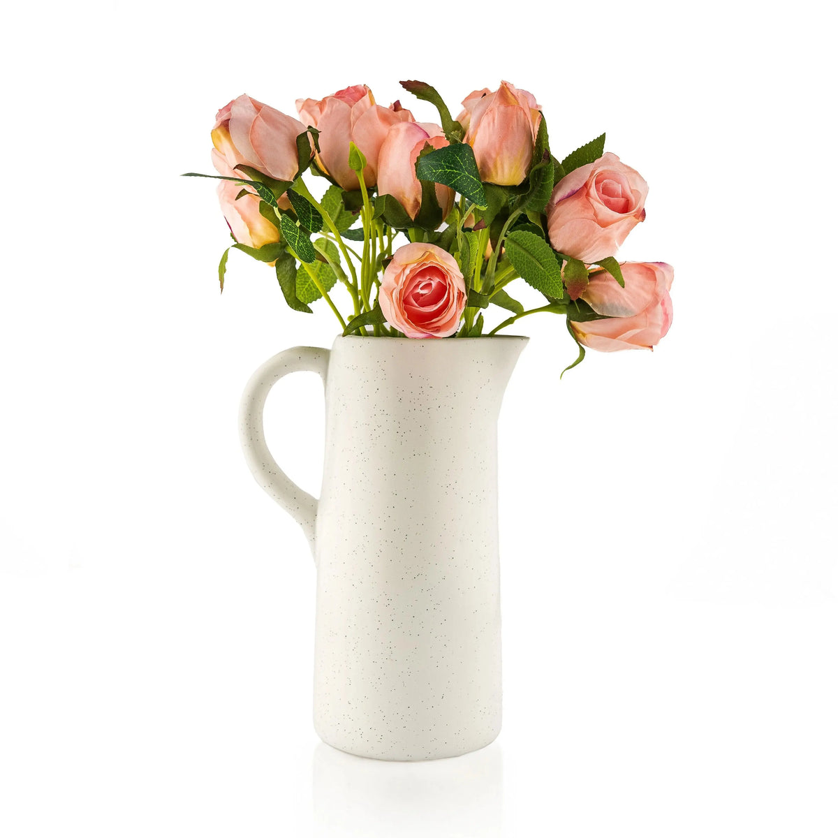 Rose faux floral speckled pitcher vase from Waterdale Collection, cream speckled ceramic pitcher filled with blush roses