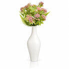 Pink faux floral tall white vase from Waterdale Collection, slim white ceramic vase with clustered pink blooms and green fern