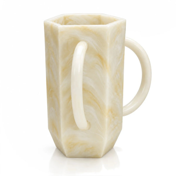 Resin Hexagon Washing Cup by Waterdale Collection in gold, a cream marbled netilas yadayim cup with a loop handle