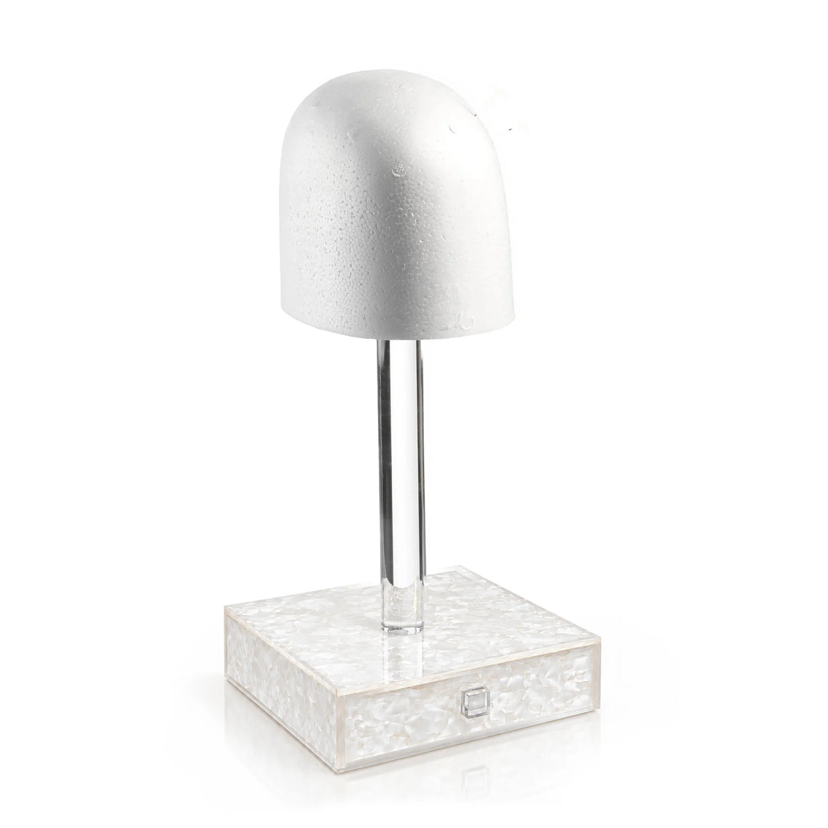 Pearl marble wig head stand with drawer by Waterdale Collection, white foam top on a clear Lucite dowel, 15-inch size