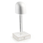 19-inch pearl marble sheitel stand with a white foam wig head, tall clear Lucite post, and square base with a pull-out drawer