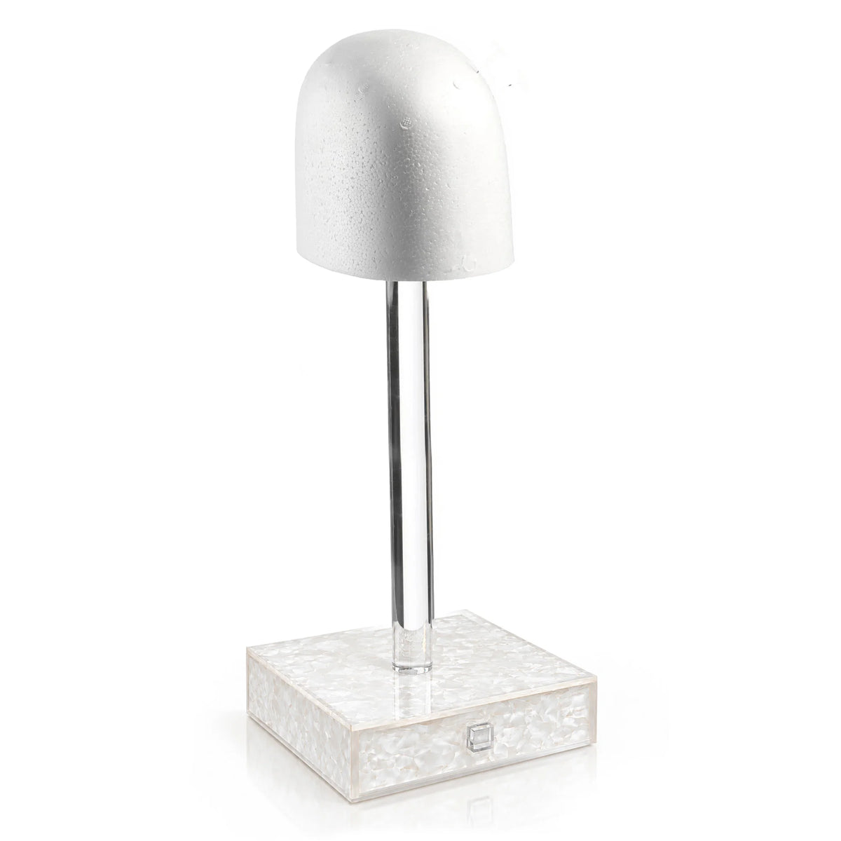19-inch pearl marble sheitel stand with a white foam wig head, tall clear Lucite post, and square base with a pull-out drawer