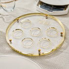 Classic Script Seder Plate with clear lucite compartments and gold trim, displayed on white surface for Passover Pesach holiday dining.